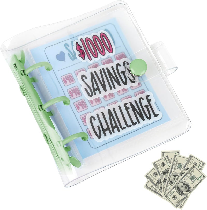 Mozano Mini Money Saving Binder with 25 Envelopes, $1000 Savings Challenge Book, Portable Budget Tool (Green) - Image 1